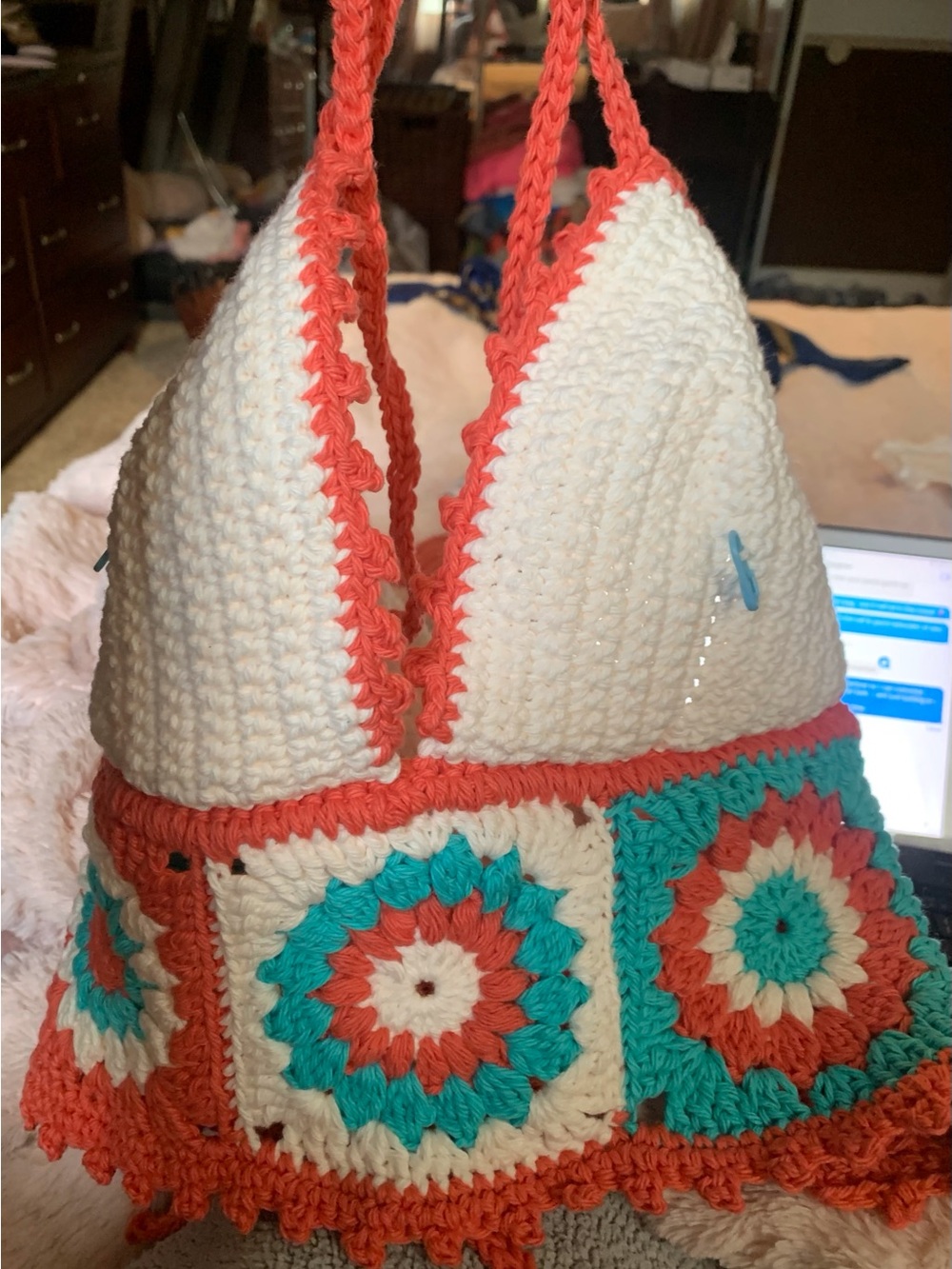 Handmade Crochet Colorblock Tote Bag - White, Coral & Teal